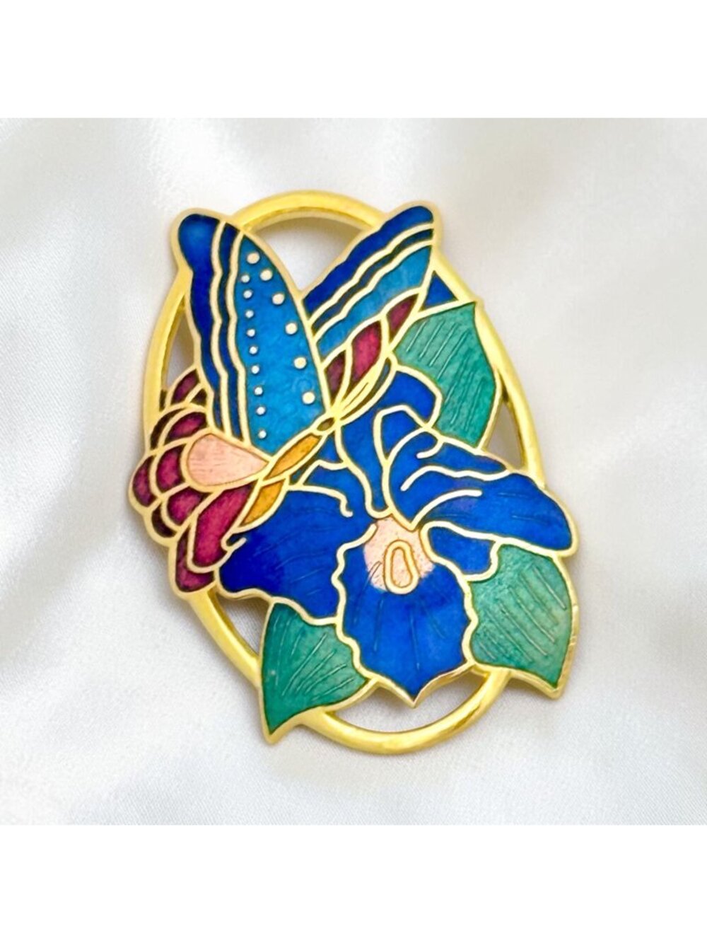 Vintage Classic 1980s Butterfly & Floral Cloisonné Gold-Tone Brooch/Pin on Card